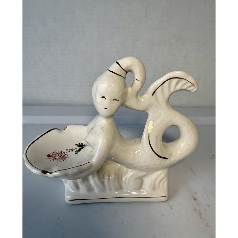Vtg Mid Century Ceramic MERMAID W/ Shell Soap Trinket Dish Nude Novelty MCM